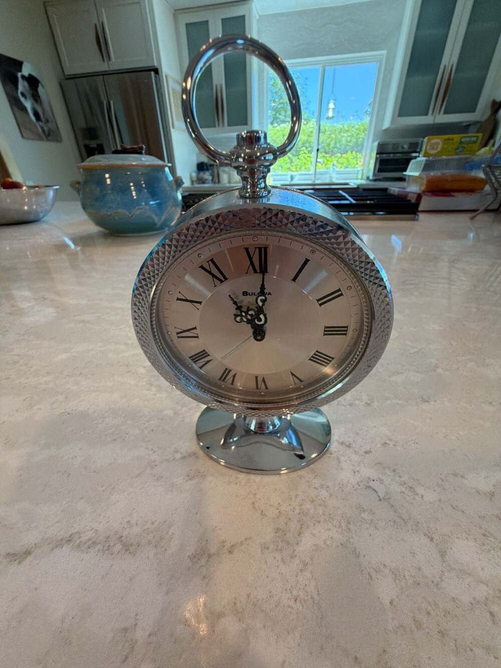 Bulova Silver-Tone Mechanical Wind-Up Tabletop Alarm Clock with Ring Top